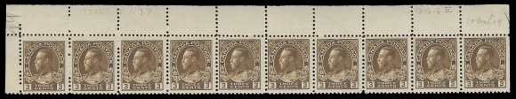 ADMIRAL STAMPS 108, 108b,A matching trio of plate strips of ten: Plates 15, 16, 17 from the Upper Left pane position; third strip with penciled date of acquisition. Plate 15 & 16 strips in yellow brown shade, former VF and latter Fine+; Plate 17 strip in brown shade, VF. Each hinged in the margin and on straight edged stamp leaving nine NH. An attractive and very scarce group, F-VF (Unitrade cat. $3,505)