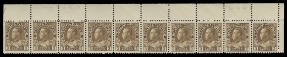 ADMIRAL STAMPS  108, 108b,An appealing and very scarce quartet of plate strips with consecutive plate numbers, three with penciled dates of acquisition: Plates 18 and 19, F-VF, Plates 20 and 21 VF. All LH in selvedge or straight edge stamp, other nine stamps NH; Plate 18 from UL pane position and in brown shade, others from UR positions in yellow brown shade. F-VF (Unitrade cat. $5,690)