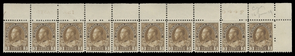 ADMIRAL STAMPS 108, 108b,An appealing and very scarce quartet of plate strips with consecutive plate numbers, three with penciled dates of acquisition: Plates 18 and 19, F-VF, Plates 20 and 21 VF. All LH in selvedge or straight edge stamp, other nine stamps NH; Plate 18 from UL pane position and in brown shade, others from UR positions in yellow brown shade. F-VF (Unitrade cat. $5,690)