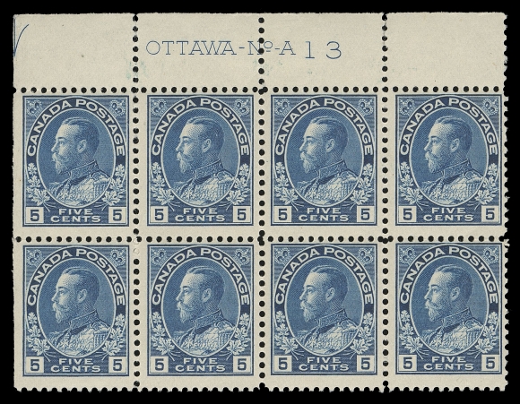 ADMIRAL STAMPS  111,Scarce mint Plate 13 block of eight originating from upper right pane, natural straight edge at left, bright colour on fresh paper, LH in selvedge only, leaving all stamps with pristine original gum NH, Fine+ (Unitrade cat. $1,120)