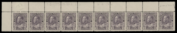 ADMIRAL STAMPS  112ii,An appealing mint Upper Left Plate 15 strip of ten, penciled "5 Dec 