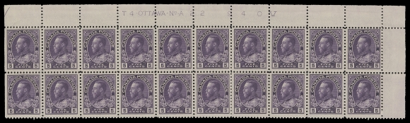 ADMIRAL STAMPS  112a,A brilliant fresh mint Plate 22 block of twenty from the Upper Right pane position, well centered, on the distinctive vertical mesh thin wove paper, trivial marginal perf separation top right, folded along perfs between sixth and seventh columns, a beautiful and very seldom seen intact plate strip, VF NH (Unitrade cat. $3,000)