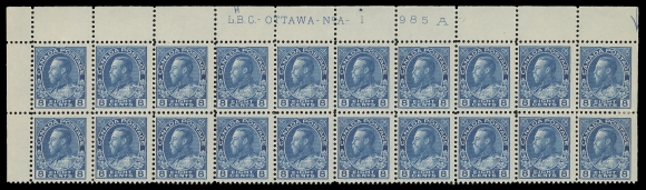 ADMIRAL STAMPS  115,Upper Left Plate 1 block of twenty, characteristic etched "H" above "L.B.C." and small dot found on this particular position, some perf separation in selvedge, post office fresh, hinged on straight edge stamps and in left margin leaving eighteen NH, Fine+ and scarce (Unitrade cat. $760+)