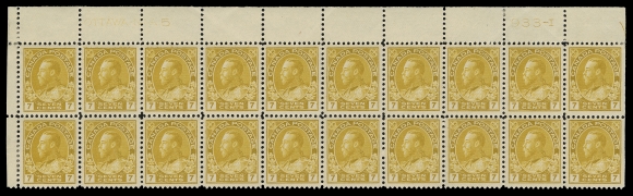 ADMIRAL STAMPS  113 shade,A remarkably well centered Plate 5 block of twenty from the Upper Left pane position; nice deep colour and superior centering; uneven gum from natural pre-print fold in eighth column, hinged in selvedge and on straight edge stamps, other sixteen NH, VF (Unitrade cat. $4,680 as cheapest shade)Provenance: C.M. Jephcott, Maresch Sale 241, June 1990; Lot 827