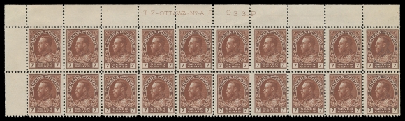 ADMIRAL STAMPS  114b,Upper Left Plate 8 block of twenty with deep rich colour, reasonably centered, LH in selvedge and on one straight edge stamp leaving other nineteen NH, F-VF (Unitrade cat. $1,595+ as normal stamps)The Diagonal Line in "N" of "CENTS" variety appears on Positions 8, 16 & 20.