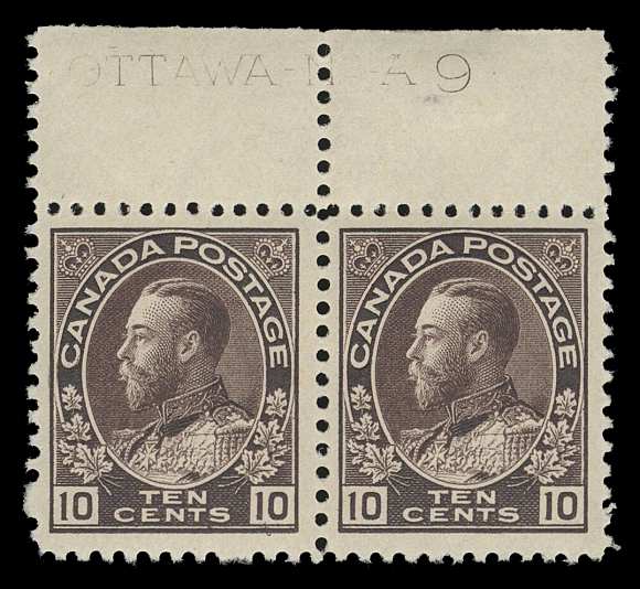 ADMIRAL STAMPS  116,A consecutive trio of plate imprint pairs: Plates 8 and 9 F-VF and Plate 10 Fine; each hinged once in the selvedge leaving all stamps NH, Fine to F-VF and a very scarce group. (Unitrade cat. $3,360)