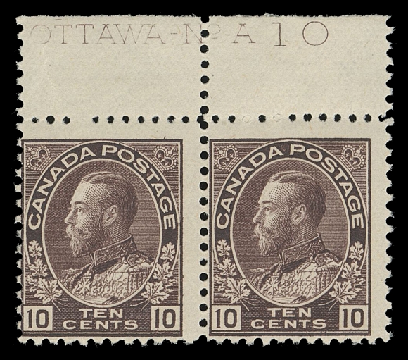 ADMIRAL STAMPS  116,A consecutive trio of plate imprint pairs: Plates 8 and 9 F-VF and Plate 10 Fine; each hinged once in the selvedge leaving all stamps NH, Fine to F-VF and a very scarce group. (Unitrade cat. $3,360)