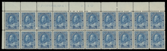 ADMIRAL STAMPS  117,An unusually choice upper left Plate 14 block of twenty with fabulous colour, well centered, LH in left margin and on straight edged stamps leaving eighteen NH; a most attractive, early intact plate strip of the Ten cent blue, rare and VF (Unitrade cat. $5,040)Provenance: C.M. Jephcott, Maresch Sale 241, June 1990; Lot 865