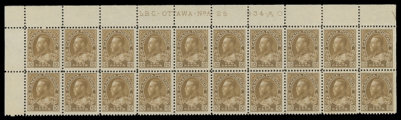 ADMIRAL STAMPS  118,Upper Left Plate 25 block of twenty with rich colour, reasonably centered, LH in left margin and upper right stamp leaving nineteen NH, attractive and F-VF (Unitrade cat. $2,225)Provenance: C.M. Jephcott, Maresch Sale 241, June 1990; Lot 888