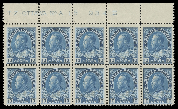 ADMIRAL STAMPS  117ii,A fresh Plate 18 block of ten with full plate inscription, bright shade on fresh paper, LH in selvedge only, stamps NH. A very scarce plate block; according to the augmented Glen Lundeen Admiral plate census only one other Plate 18 multiple (a block of eight) has been recorded, F-VF (Unitrade cat. $1,650)