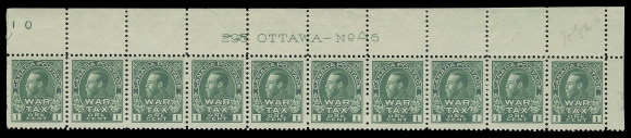 ADMIRAL STAMPS  MR1,A selected, well centered and fresh Upper Right Plate 6 strip of ten with initial printing order number "295" defaced by hand-punching, new number (3)10 punched at left; penciled "July 2 