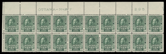 ADMIRAL STAMPS  MR1,A bright fresh, well centered Upper Left Plate 7 block of twenty, printing order number "295" at right, marginal scissor cut along perforation above position 7, light natural gum creasing on two, hinged at end columns leaving sixteen stamps VF NH (Unitrade cat. $2,080)