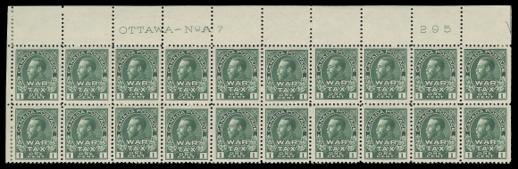 ADMIRAL STAMPS MR1,A bright fresh, well centered Upper Left Plate 7 block of twenty, printing order number "295" at right, marginal scissor cut along perforation above position 7, light natural gum creasing on two, hinged at end columns leaving sixteen stamps VF NH (Unitrade cat. $2,080)