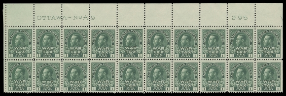ADMIRAL STAMPS  MR1,An impressive Upper Left Plate 9 block of twenty with printing order number "295" at right, quite well centered, hinged along first and last columns leaving sixteen NH. One of the rarest plate multiples of this stamp - this is the only Plate 9 multiple of any size recorded, VF (Unitrade cat. $2,080+)