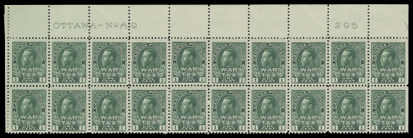 ADMIRAL STAMPS MR1,An impressive Upper Left Plate 9 block of twenty with printing order number "295" at right, quite well centered, hinged along first and last columns leaving sixteen NH. One of the rarest plate multiples of this stamp - this is the only Plate 9 multiple of any size recorded, VF (Unitrade cat. $2,080+)