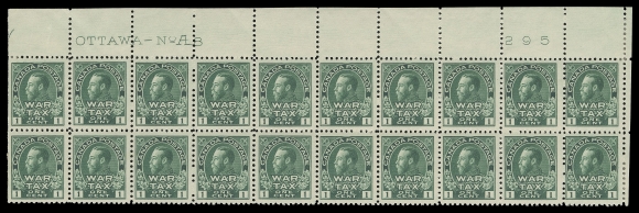 ADMIRAL STAMPS  MR1,Upper Right Plate 8 block of twenty, printing order number "295" at right, hinged on end columns leaving sixteen NH, F-VF and very scarce. (Unitrade cat. $1,220)