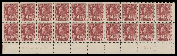 ADMIRAL STAMPS  MR3,Lower Right Plate 11 block of twenty with printing order number "937F" at right, quite well centered with the key block of four with imprint very well centered, sixth column with light vertical gum bend, hinged on three stamps at sides leaving seventeen NH, F-VF (Unitrade cat. $1,895)