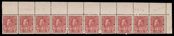 ADMIRAL STAMPS  MR3b,A very scarce group of four plate strips of ten in this lovely bright shade: UR Plates 1 & 2, UL Plate 3 and LR Plate 4, each with pencil date of acquisition. All four are quite well centered; Plate 1 with left pair hinged, straight edge stamp with gum thin, eight NH; Plate 2 LH in selvedge, stamps NH; Plate 3 hinged in selvedge and straight edge stamp with nine NH; and Plate 4, hinged supported or LH on several, partly severed between fourth and fifth stamp, two NH. An appealing group, VF (Unitrade cat. $7,350)