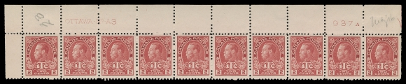 ADMIRAL STAMPS  MR3b,A very scarce group of four plate strips of ten in this lovely bright shade: UR Plates 1 & 2, UL Plate 3 and LR Plate 4, each with pencil date of acquisition. All four are quite well centered; Plate 1 with left pair hinged, straight edge stamp with gum thin, eight NH; Plate 2 LH in selvedge, stamps NH; Plate 3 hinged in selvedge and straight edge stamp with nine NH; and Plate 4, hinged supported or LH on several, partly severed between fourth and fifth stamp, two NH. An appealing group, VF (Unitrade cat. $7,350)