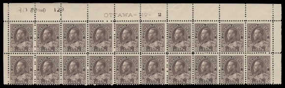 ADMIRAL STAMPS  116a,A marvelous Upper Right Plate 2 block of twenty, initial printing order numbers "86" and "119" defaced by hand-punching and new number "129" punched at left. Minute gum thin on lower right stamp, natural inclusion on top left stamp, severed and hinged supported between second and third columns. A rare large plate multiple of this key Admiral stamp showing the distinctive shade of the early printing (Plates 1 and 2 were simultaneously issued), hinged in selvedge and on six stamps leaving fourteen NEVER HINGED, Fine+ (Unitrade cat. $6,150)Provenance: C.M. Jephcott, Maresch Sale 241, June 1990; Lot 853