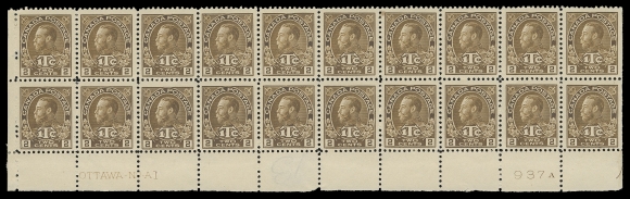 ADMIRAL STAMPS  MR4a,A spectacular and unique mint Plate 1 block of twenty from the lower left pane position, printing order number "937A" below Position 99. The sought-after and elusive die, attractive with nearly very fine centering, the two vertical end pairs hinged, small thin on Pos. 81, tiny stain spot on Pos. 87, light pencil number in selvedge. A total of SIXTEEN STAMPS ARE NEVER HINGED. A very rare and desirable plate block, only three other plate multiples are recorded of Plate 1 - none larger than a strip of three, making this plate block of twenty very impressive indeed. One of the clear highlights of this pre-eminent Admiral collection, F-VF (Unitrade cat. $46,200)The ideal companion to the similar Die I plate block of twenty from Plate 2 offered in March 1023; Lot 633, where it realized for $50,000 hammer.The Plate 2 offered in our recent March sale (Part 1) and this Plate 1 blocks of twenty are by far the largest recorded 2c+1c brown War Tax, Die I plate multiples, according to Glen Lundeen Admiral census.