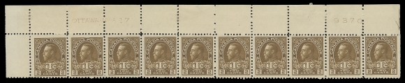 ADMIRAL STAMPS  MR4, MR4i + shade,A nice group of six plate strips of ten with consecutive plate numbers, displaying three shades of brown, four with pencil date of acquisition: LR Plate 15 F-VF, UR Plate 16 F-VF, UL Plate 17 Fine, UL Plate 18 VF, UL Plate 19 VF, and LL Plate 20 VF. The last with disturbed gum and two with gum thin; the other five strips, hinged in selvedge and on one or two stamps, A very scarce assembly, F-VF (Unitrade MR4 cat. $4,085) 