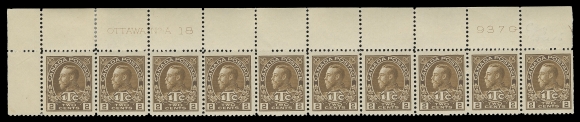 ADMIRAL STAMPS  MR4, MR4i + shade,A nice group of six plate strips of ten with consecutive plate numbers, displaying three shades of brown, four with pencil date of acquisition: LR Plate 15 F-VF, UR Plate 16 F-VF, UL Plate 17 Fine, UL Plate 18 VF, UL Plate 19 VF, and LL Plate 20 VF. The last with disturbed gum and two with gum thin; the other five strips, hinged in selvedge and on one or two stamps, A very scarce assembly, F-VF (Unitrade MR4 cat. $4,085) 