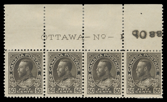 ADMIRAL STAMPS  120a,A rare Plate 1 strip of four with printing order number "88" at right, small flaw at lower right, both end stamps and top sheet margin supported by hinges, centre pair with pristine original gum, never hinged; attractive and one of the very few Plate 1 multiples known to exist, Fine (Unitrade cat. $1,280)
