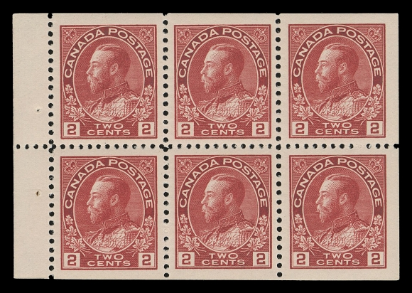 ADMIRAL STAMPS  106aiii,A superb mint booklet pane of six of the elusive "Squat Printing" on distinctive horizontal mesh wove paper, dried OG in tab margin from the glassine interleave leaving stamps with full original gum, XF NH; the best centering one can hope to find on this scarce early booklet pane (Unitrade cat. as hinged only)