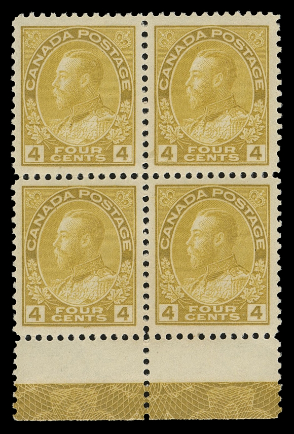 ADMIRAL STAMPS 110c,An exceptional mint block of four with superb centering, in the scarcer, sought-after shade and showing remarkably strong, complete Type D INVERTED lathework, full original gum with light hinge on top right stamp only, couple faint natural gum bends; a very difficult lathework block to find with such a superior impression of the lathework and in the elusive Golden Yellow shade, XF LH