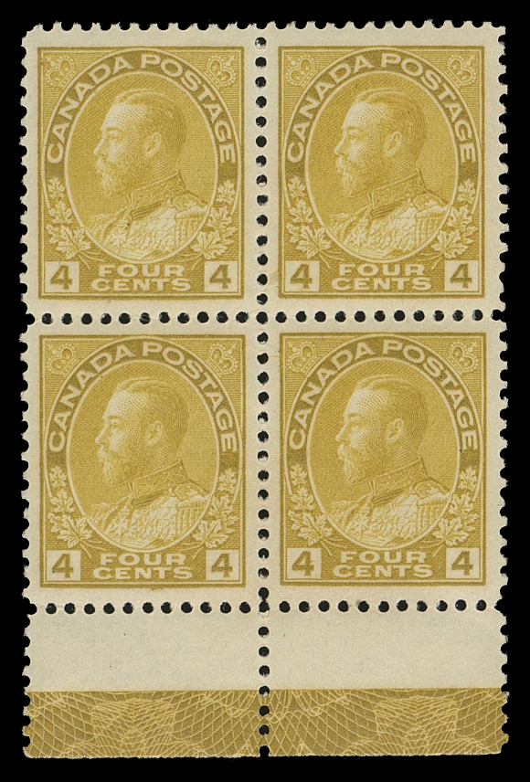 ADMIRAL STAMPS  110c,An exceptional mint block of four with superb centering, in the  scarcer, sought-after shade and showing remarkably strong,  complete Type D INVERTED lathework, full original gum with light  hinge on top right stamp only, couple faint natural gum bends; a  very difficult lathework block to find with such a superior  impression of the lathework and in the elusive Golden Yellow  shade, XF LH