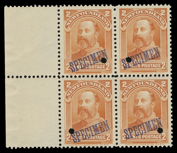 NEWFOUNDLAND -  4 1897-1947 ISSUES  78-86,The complete set of forty-seven in mint blocks with sheet margin on one or two sides, ABNC security punch and specimen overprint in various types and colours. All known printing orders from of the issue are represented with shades, papers and gums used. Generally only one sheet of each printing order was prepared; a complete set in blocks in virtually unheard of, F-VF NH (Unitrade cat. $7,400)