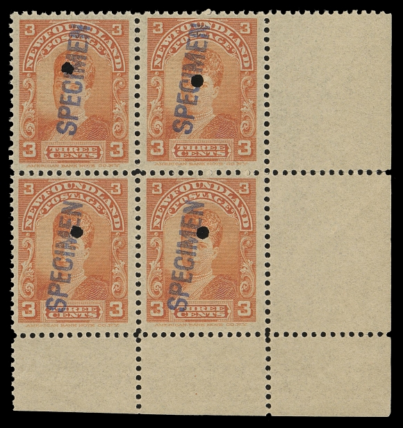 NEWFOUNDLAND -  4 1897-1947 ISSUES  78-86,The complete set of forty-seven in mint blocks with sheet margin on one or two sides, ABNC security punch and specimen overprint in various types and colours. All known printing orders from of the issue are represented with shades, papers and gums used. Generally only one sheet of each printing order was prepared; a complete set in blocks in virtually unheard of, F-VF NH (Unitrade cat. $7,400)