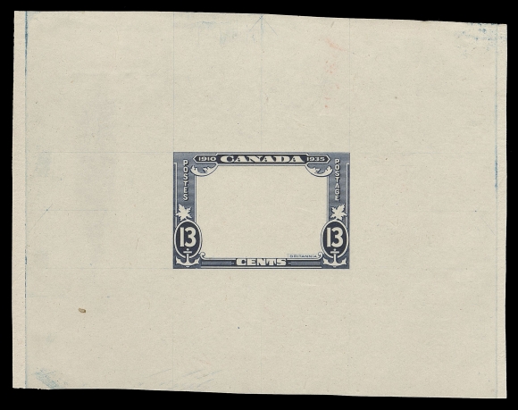 CANADA -  8 KING GEORGE V  216,Progressive Die Proof of the frame only showing unfinished anchors, leaves and scrolls, on india paper 93 x 71mm, natural india paper unevenness at left. An extraordinary unfinished die proof, extremely rare, VF

Unlisted in Minuse & Pratt and Lundeen BNA Proofs website.