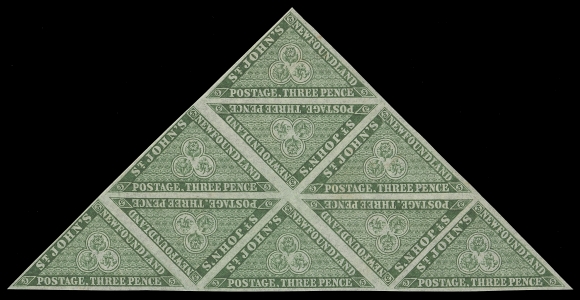 NEWFOUNDLAND -  1 PENCE  11A,A visually striking mint triangular block of nine, well margined and in pristine fresh condition, faint hinging on three leaving six stamps NH, VF