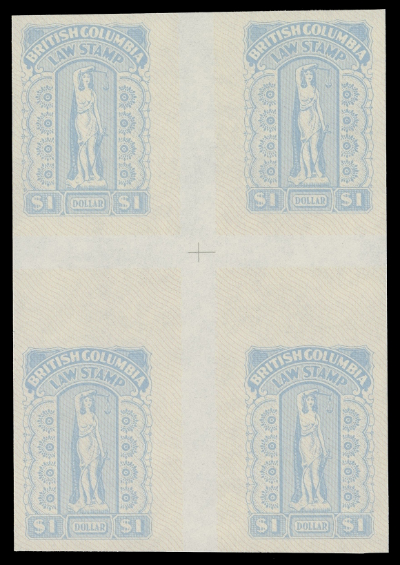 CANADA REVENUES (PROVINCIAL)  BCL63b,An exceptional imperforate cross gutter block of four, cross guidelines at centre, in choice condition and very rare, VF NH (Van Dam cat. unlisted as a cross gutter)