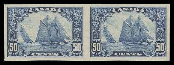 CANADA -  8 KING GEORGE V  158iv,A mint imperforate pair, the left stamp shows the sought-after "Man on Mast" plate variety, large margined, disturbed original gum, brilliant fresh colour and sharp impression. A beautiful and extremely rare pair and a wonderful showpiece; one of the very rarest and most highly coveted Bluenose related items, VF OG; 2023 Greene Foundation cert.

This plate variety is found only on Plate 2 at Position 58. This pair is one of just two known to exist. The other is in XF NH condition and was sold in our "Montclair" May 2014 sale (Lot 334) and then again in an extensive Bluenose collection in our October 2015 public auction (Lot 686). It realized $15,000 and $16,000 respectively, exclusive of buyer