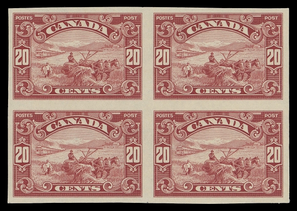CANADA -  8 KING GEORGE V  149b-159a,A complete mint set of eleven in imperforate blocks of four, all with lightly to moderately disturbed gum; 1c oxidized as often seen, otherwise with bright fresh colours, VF (Unitrade cat. $6,950)