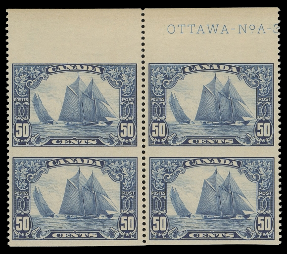 CANADA -  8 KING GEORGE V  158c,A very scarce, well centered mint block imperforate horizontally, displaying large part Plate 3 imprint (from right side of sheet), a few split perfs at top and overall lightly toned, otherwise VF NH (Unitrade cat. $3,000 as two pairs)