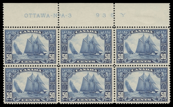 CANADA -  8 KING GEORGE V  158,An exceptionally well centered mint Plate 3 block of six from upper left corner of the sheet, hinging in selvedge only leaving all stamps NH. A superb block, XF