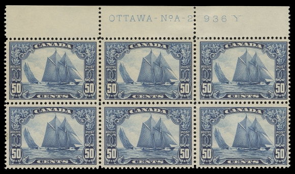 CANADA -  8 KING GEORGE V  158,A fresh and quite well centered mint Plate 2 block of six from upper right of the sheet, five stamps are NH, F-VF and scarce