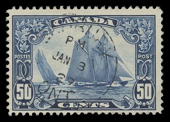 CANADA -  8 KING GEORGE V  158,Used example with centrally struck Sudbury JAN 3, 1929 CDS, five days prior to FIRST DAY OF ISSUE of this famous stamp. A highly unusual pre-First Day cancel on the Bluenose stamp (only one single off-cover example dated January 8, 1929 has been seen), Fine+; 2023 Greene Foundation cert.