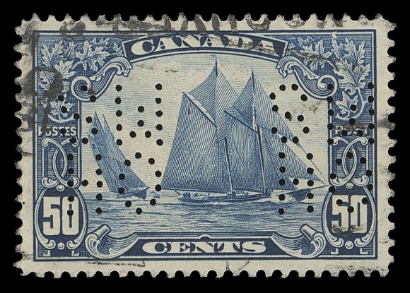 CANADA - 18 OFFICIALS  OA158,A scarce 5-hole perforated official (Position C) with portion of Vancouver oval cancellation, shows missing pin in "S" variety, VF