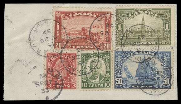 CANADA - 18 OFFICIALS  A used example franked alongside $1 Parliament, 20c Arch, 10c Cartier and 3c Medallion Die II, all tied  on large fragment of shipping tag by Victoria SP 25 33 postmarks and Bluenose stamp additionally by Cal. & Van. RPO; Assistant Receiver General datestamp, mailed registered Bank of Montreal, Enderby, B.C. A rare correct usage of the 5-hole OHMS Bluenose & Parliament stamps, Fine+ (Unitrade OA158, OA159, OA175, OA190, OA197c)