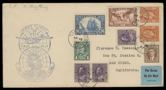 CANADA -  8 KING GEORGE V  1937 (April 19) F.A.M. No. 14 cacheted envelope showing a mixed-issue franking including 50c Bluenose tied by Vancouver, BC postmarks; on reverse San Francisco APR 21 1937 departure CDS and Victoria, Hong Kong 28 AP 37 arrival, forwarded to San Diego with JUN 3 receiver; an attractive flight cover paying the 90 cent per half ounce airmail rate to Hong Kong, F-VF (Unitrade 112, 158, 163, 200, 232, C5)