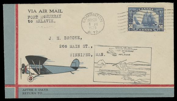 CANADA -  8 KING GEORGE V  1929 (November 26) Bicoloured "aircraft" illustrated envelope with flight cachet, franked with a 50c Bluenose tied by Edmonton NOV 26 1929 cancellation; departing Fort McMurray on December 10 (no cancel as customary) making many stops along the way and arriving at Aklavik, NWT on December 27, clear arrival backstamp. Overpays the 5c airmail rate but an appealing usage of the Bluenose stamp on a flight to North West Territories, VF (Unitrade 158)