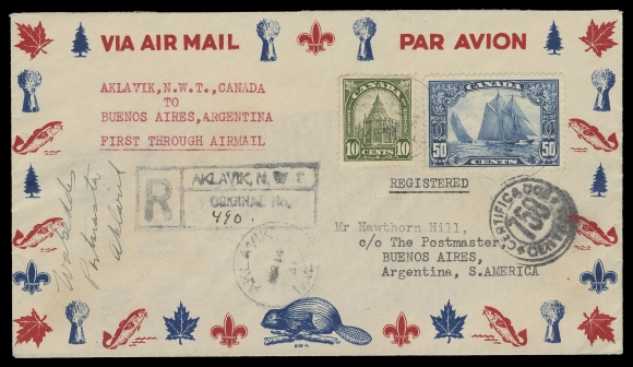 CANADA -  8 KING GEORGE V  1931 (March 14) Aklavik, NWT to Buenos Aires, Argentina, via Florida "First Through Airmail" Canadian pictorial airmail envelope in choice condition, mailed registered airmail and bearing the correct 60 cent per half ounce postage with a 50c Bluenose and 10c Library tied by light Aklavik, NWT CDS; on reverse a Commercial Airways (10c) black AIR FEE semi-official airmail also tied by Aklavik CDS, backstamped Fort McMurray MR 17, Brownsville, Texas MR 25, Cristobal, Canal Zone MAR 28. A very scarce "From Pine to Palm" flight cover to Argentina, VF (Unitrade 158, 173; AAMC CO3106-CL48a - only 37 pieces carried)