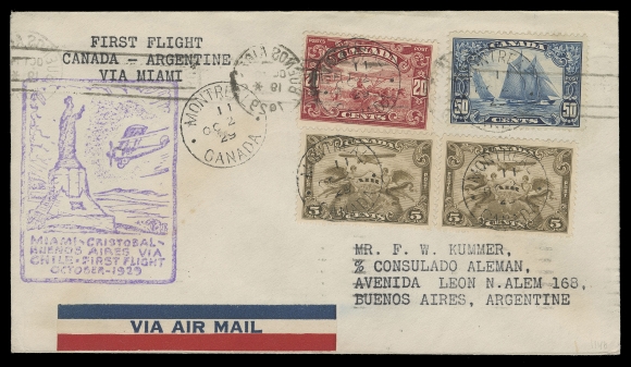 CANADA -  8 KING GEORGE V  1929 (October 2) Airmail envelope to Argentina bearing a 50c Bluenose, 20c Harvesting and pair of 5c brown olive airmail pair tied by Montreal OC 2 29 postmarks to cacheted "Miami - Cristobal - Buenos Aires Via Chile First Flight October 1929" cover, Cristobal  OCT 7 and clear Buenos Aires OCT 14 arrival backstamps; a scarce destination cover, overpays by 5 cents the then current 75 cent airmail rate (up to half ounce) to Argentina, VF (Unitrade 157, 158, C1)