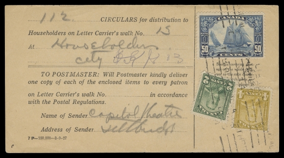 CANADA -  8 KING GEORGE V  Circular receipt "for distribution to Householders on Letter Carrier