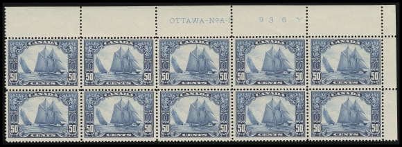 CANADA -  8 KING GEORGE V  158,A post office fresh mint Plate 3 upper right block of ten, perf separation confined to selvedge, full pristine original gum; an attractive and seldom seen large multiple of the Bluenose, F-VF NH
